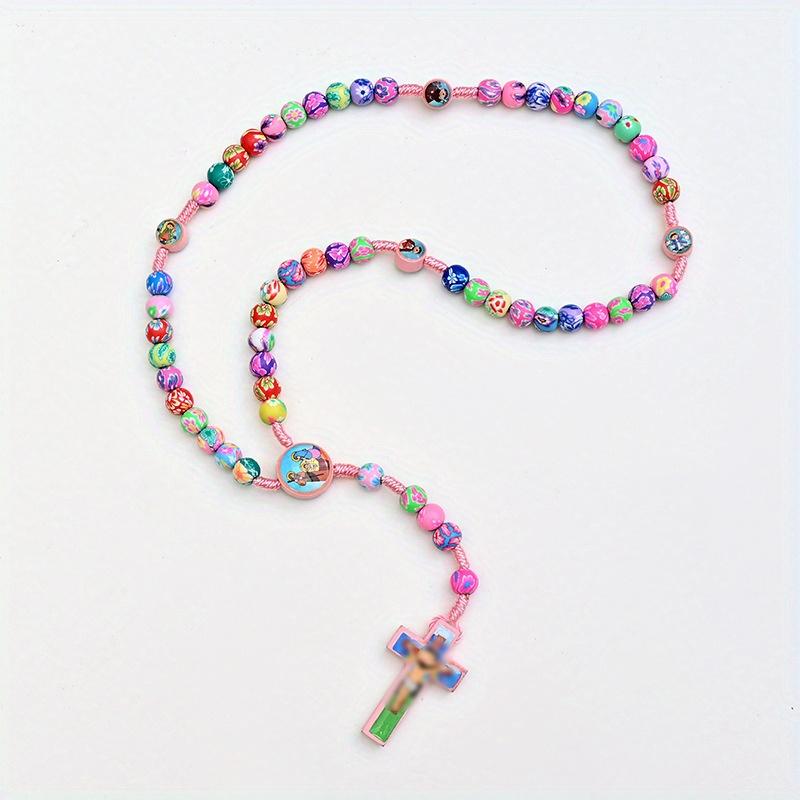 1 szt. Kreskówkowy Kolorowy Naszyjnik z Krzyżykiem Dziecięca Modlitwa i Bransoletka z Koralików do Chrztu Ręcznie Robiony Węzeł Naszyjnik z Miękkiej Ceramiki