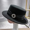 Fashion Temperament Light Luxury Flat Top Hat Women's Retro High-end Woolen Rhinestone Top Hat Jazz Hat