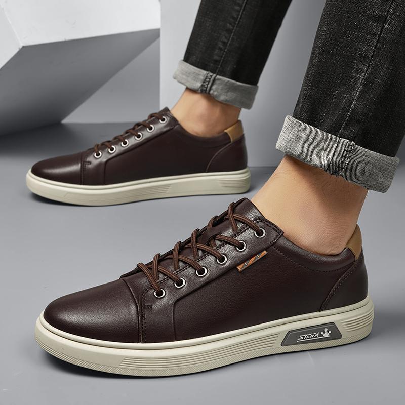 Fashion Men's Genuine Leather Sneakers Casual Fashion Walking Shoes Comfortable Lightweight Skate Shoes for Men Breathable Men Flats