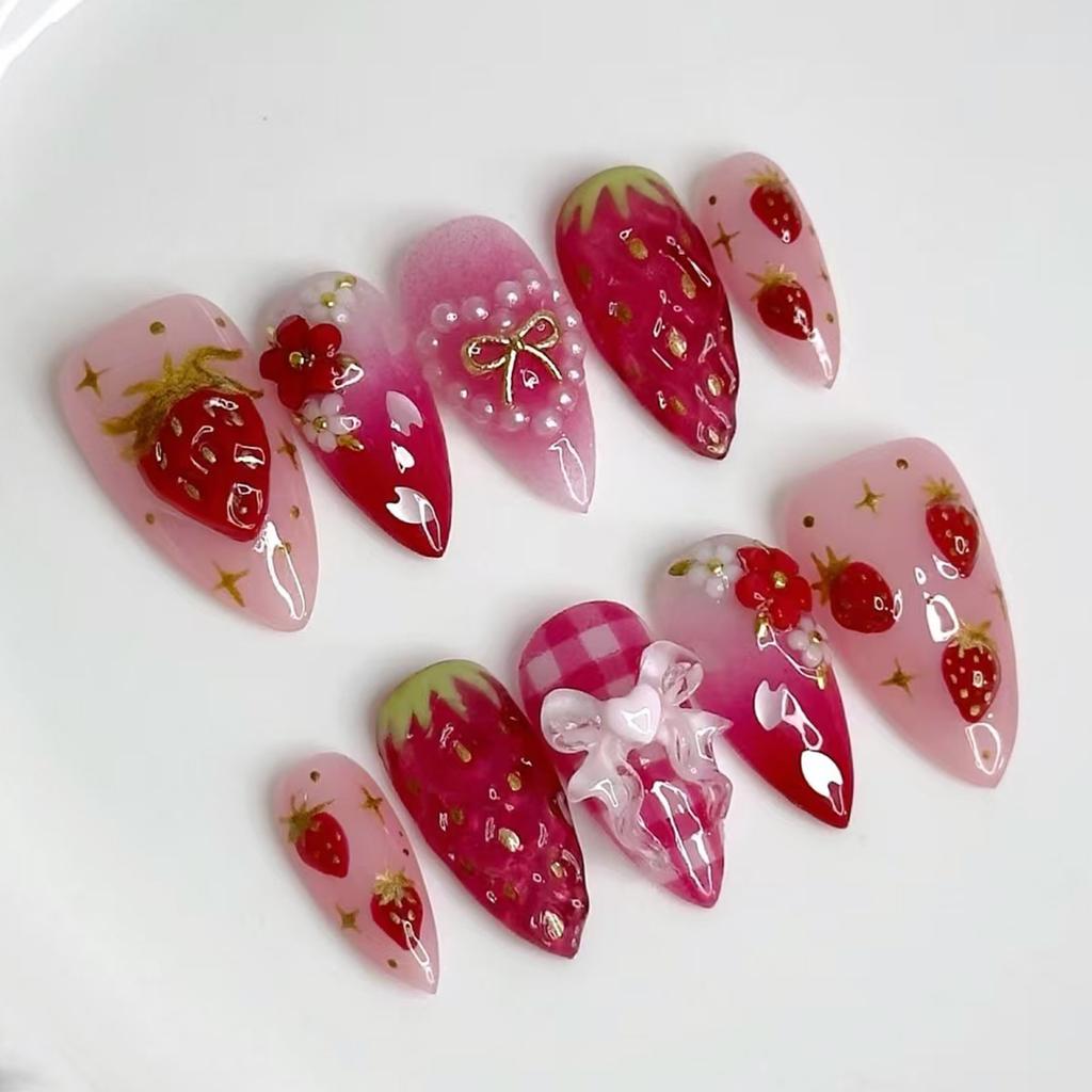 24PCS Sweet Pink French False Nails Cute Strawberry Plaid 3D Pearl Heart Almond Fake Nails for Girls Wearable Manicure Press On
