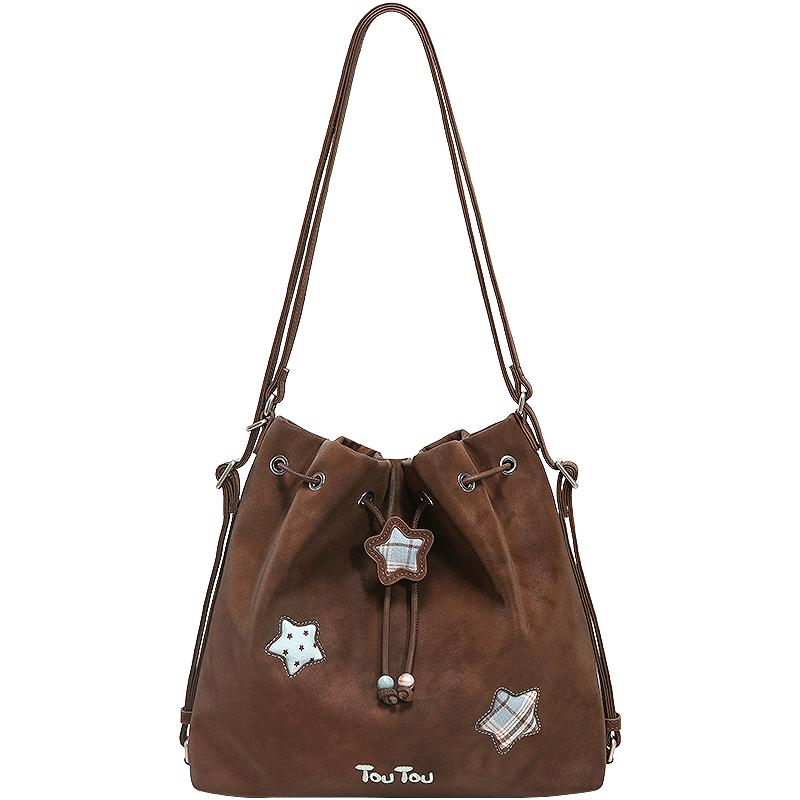 

toutou Retro Synthetic Leather Drawstring Bucket Tote Bag Large
