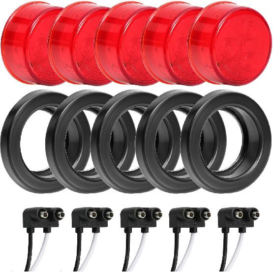 5Pcs 2 Inch Round Led Red Trailer Marker Lights, Led Side Marker Lights With 2 Prong Plug, IP67 Waterproof Clearance Lights For Truck Camper RV