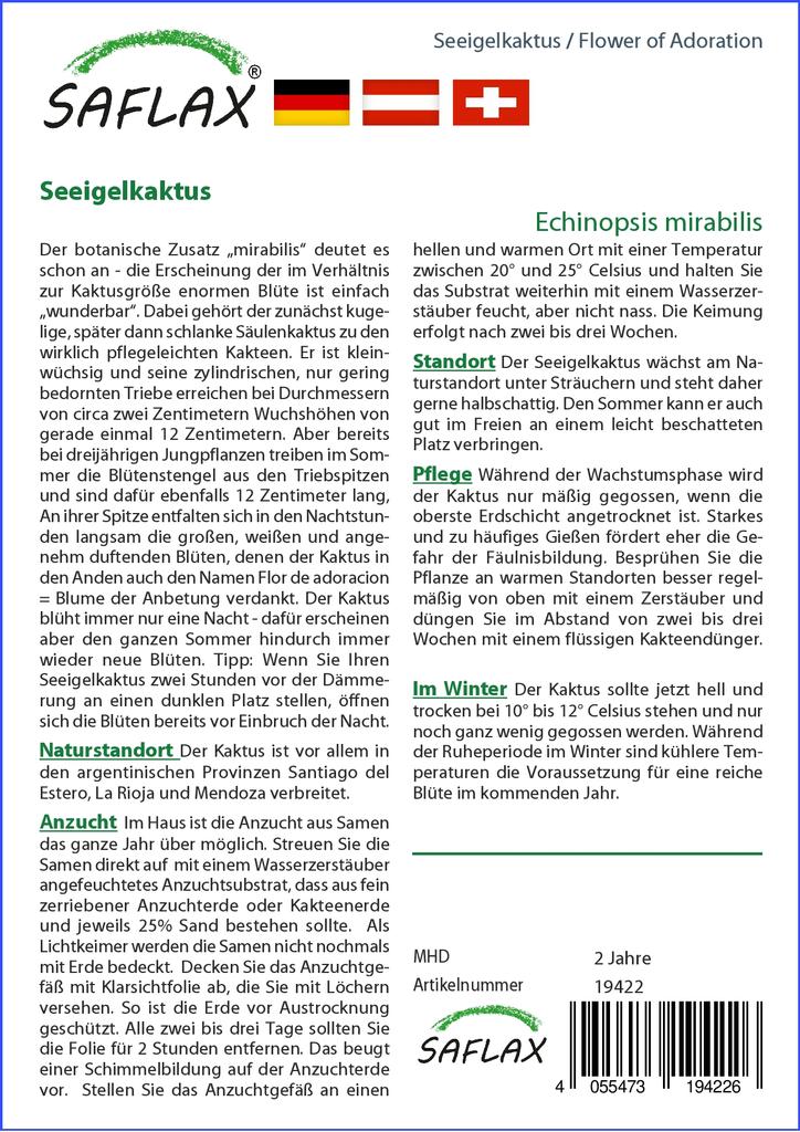 SAFLAX Garden In the Bag - Flower of Adoration - 40 Seeds - With Substrate In a Fitting Stand Up Bag - Echinopsis Mirabilis