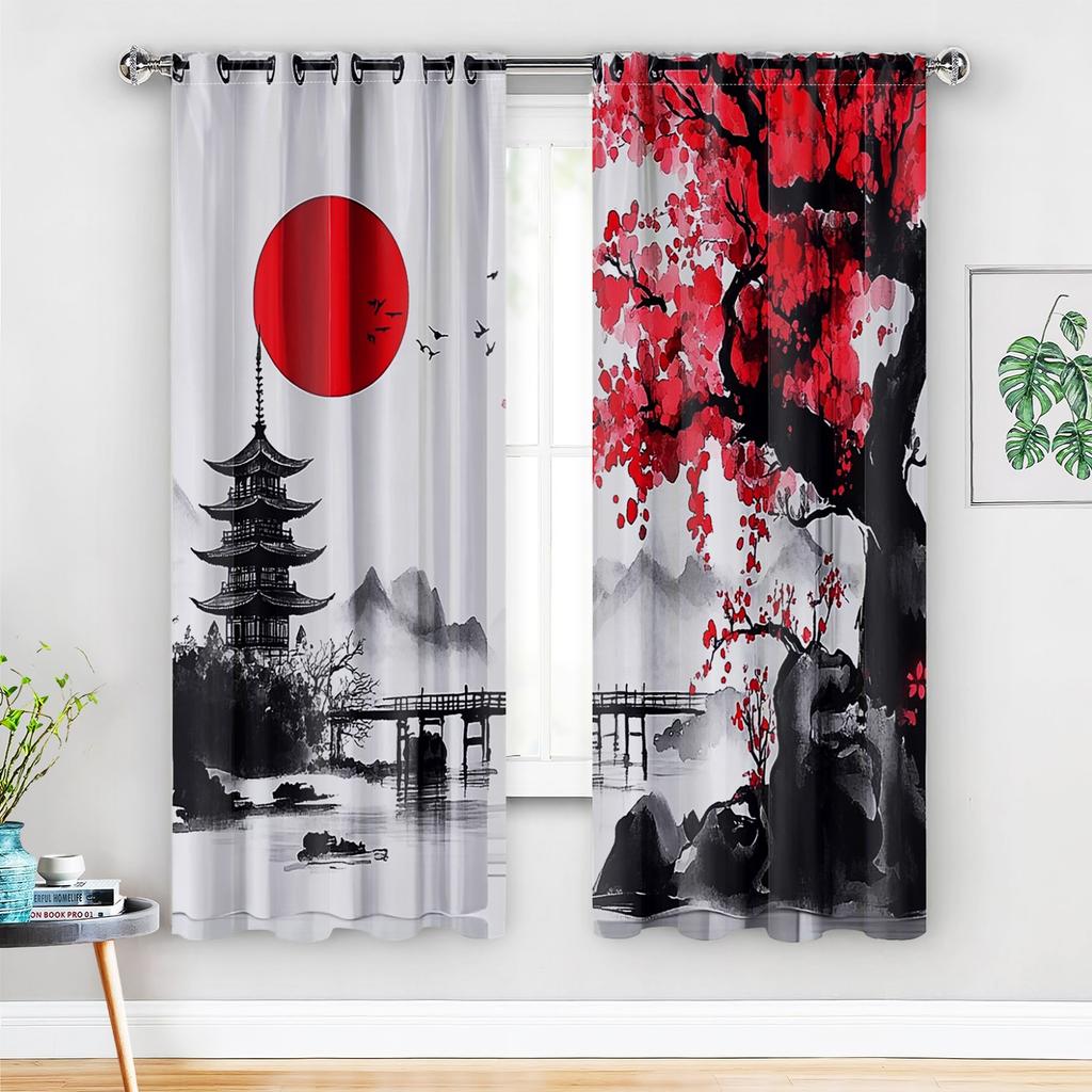 2 Pcs Classic Dark Curtains Japanese Anime Watercolor Sakura & Fuji Mountain Design for Living Room Bedroom Kitchen