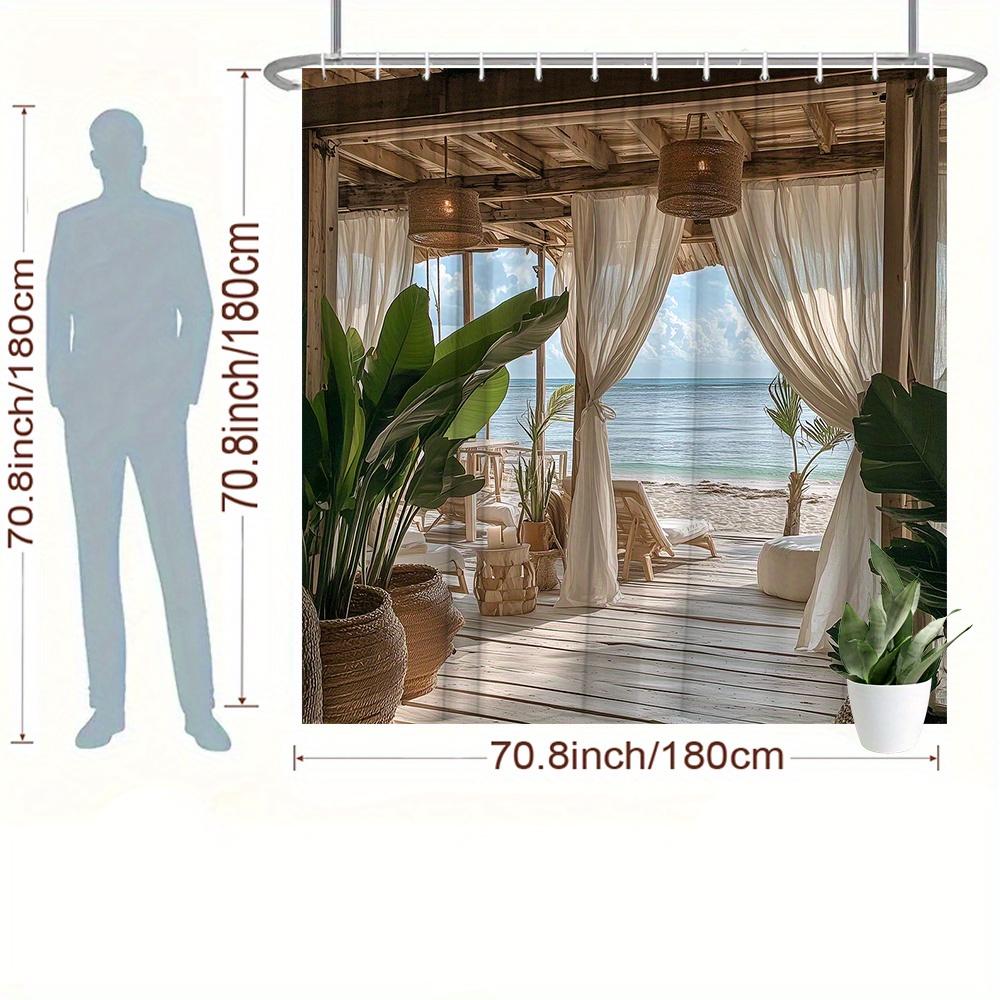 Cortina de Ducha Cabaña de Playa Vista al Mar Terraza de Madera Paraíso Tropical Tejido Impermeable Decoración de Baño Costera