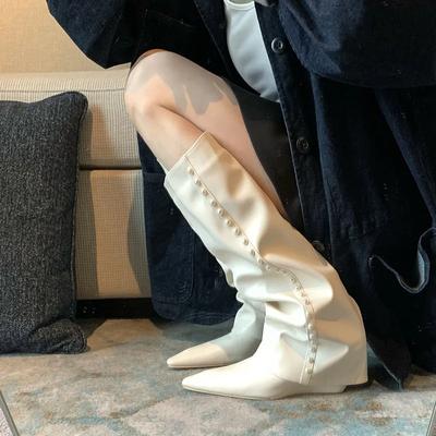 White Pants Tube Boots 2025 New Plus Size Pointed Toe Wedge High Tube Over-the-Knee Long Boots for Women
