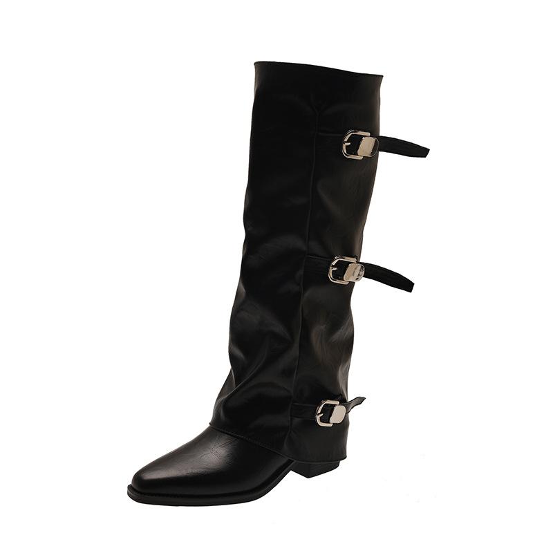 

Pointed pleated thick heel trouser boots women s niche design feeling belt buckle high knight boots but knee spice girl boots 40 чорний
