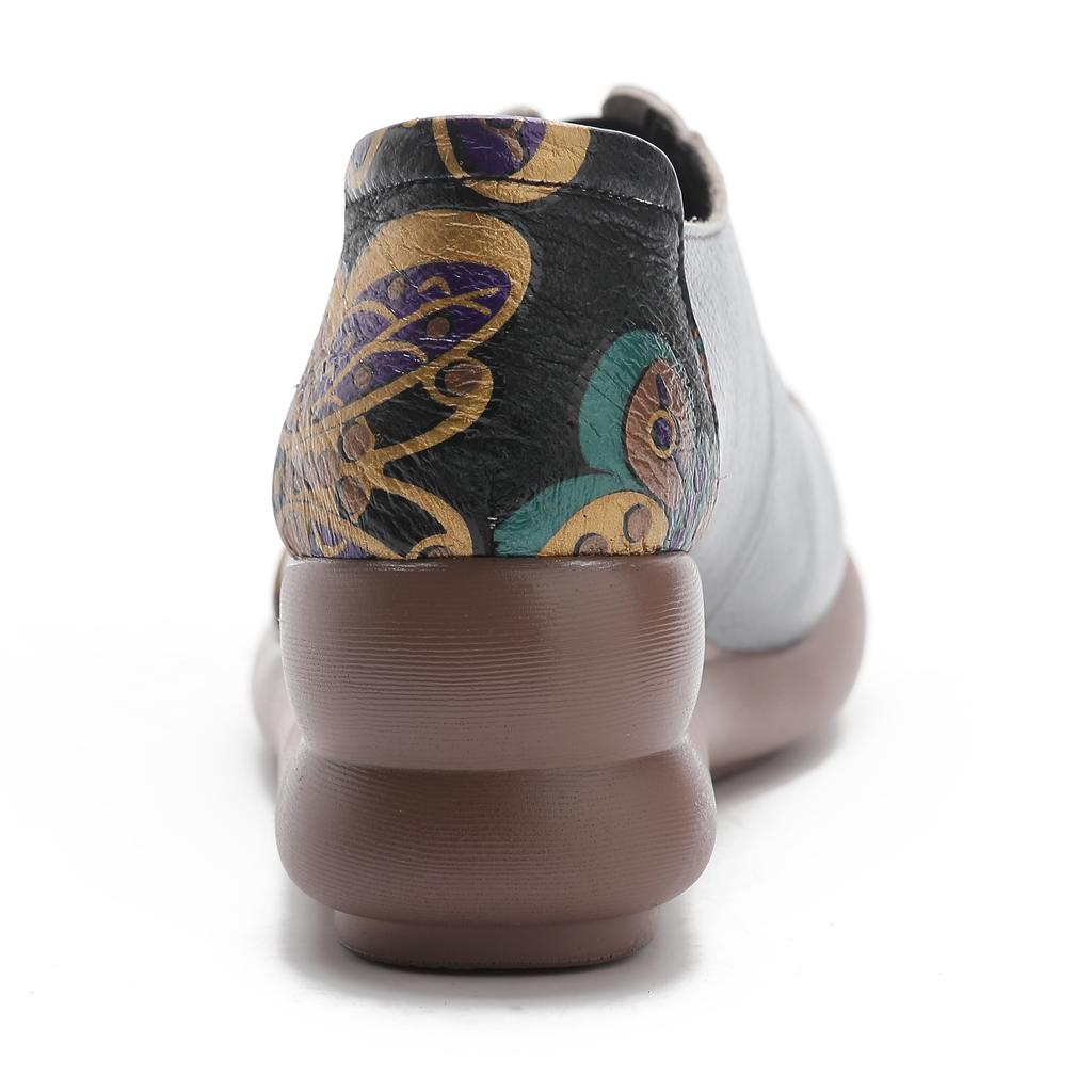 Fashion New Genuine Leather Wedged Pumps Shoes Womens Autumn Slip On Shoes Elderly Woman Appliques V Cut Mid Heels Pumps Patchwork Shoes