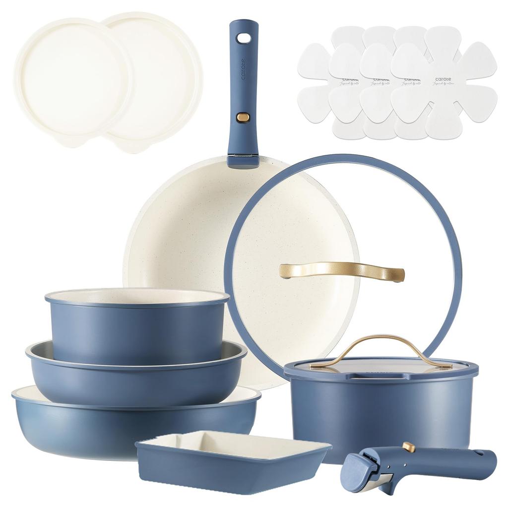 CAROTE Frying Pan Induction and Gas PFOA and PFOS Removable Marble Easy to Petit Luxury Gold Luxe Series 16-Piece Set, Compatible, Free, Handles,