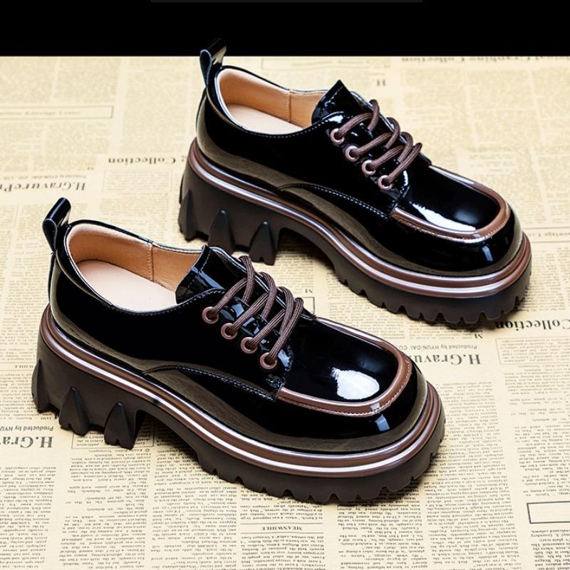 Ladies Little Leather Shoes with British Style Spring and Autumn Fashion Coarse Heel Thick Soled Tall Shoes 40 2729₽