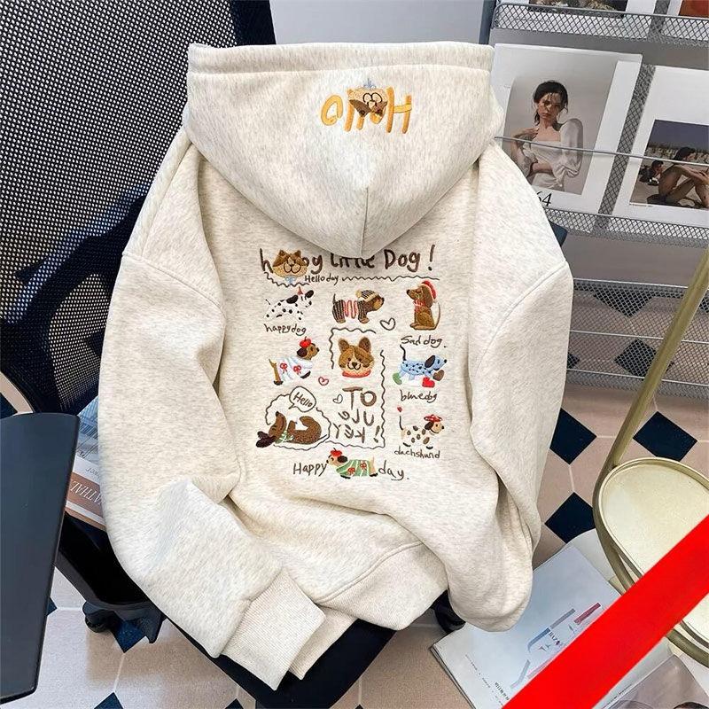 

Женские мультяшные худи с вышивкой собаки, корейские свободные флисовые худи с капюшоном, зимний универсальный женский пуловер M слоновая кость