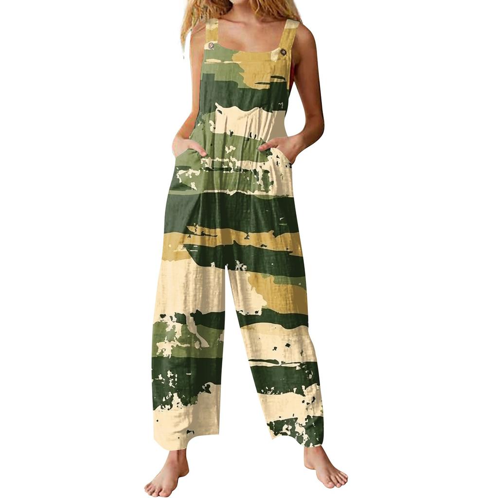 Womens Casual Overalls Jumpsuits Adjustable Straps Sleeveless Print Comfy Rompers With Pocket