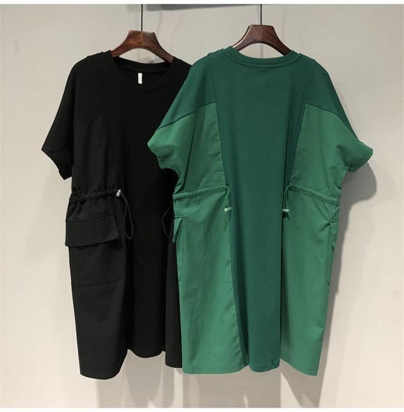 Women Dresses Fat Extra Large Size Drawstring Waist Stitching Short Sleeve Dress Female Summer Loose Clothing
