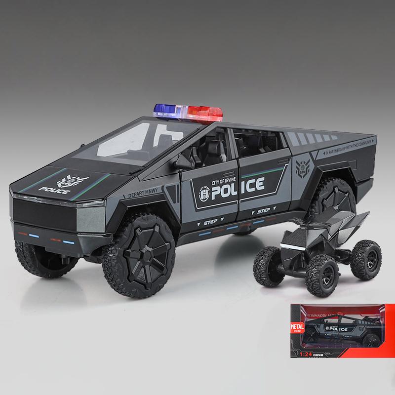1/24 Tesla Police Cybertruck Off Road Alloy Metal Diecast Model Car Outdoor Collections Classic Trendy Toy Decorations Valentine Kids