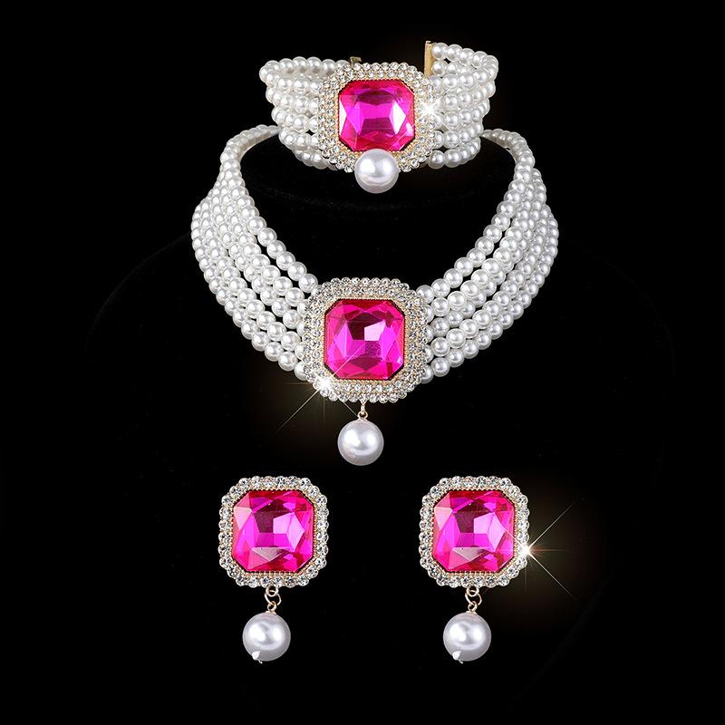 Multi-layer Imitation Pearl Crystal Earrings Bracelet Necklace Three-piece Set Bridal Luxury Full of Diamond Jewelry Women