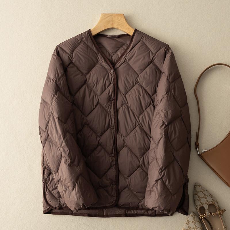 Autumn and winter women's clothing light and short V-neck rhombus casual down jacket white duck down lightweight jacket liner