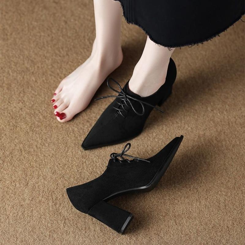 2025 New Retro Women High Heels Pointed Toe Shoes Ladies Lace-Up Work Dress Spikes Spring Office Block Shoes