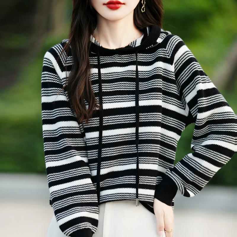 Heavy Thickened Cotton Striped Hoodie for Women In Autumn and Winter New Fashionable and Versatile Warm Knitted Sweater Lazy Hoodie