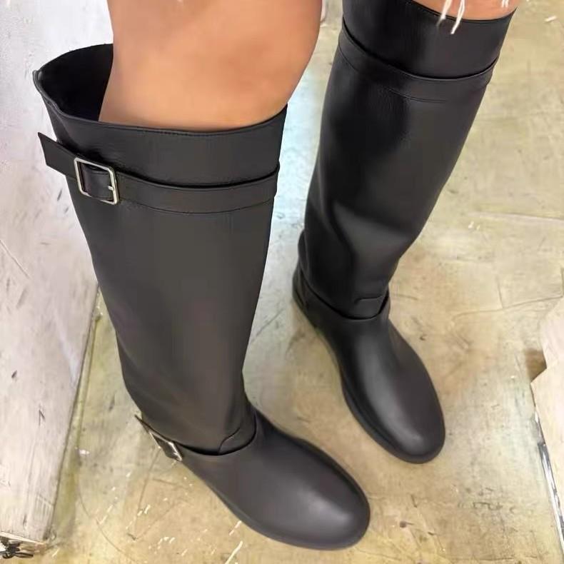 

Новые сапоги до колена с круглым носком, женские универсальные кожаные сапоги на толстом каблуке с широким голенищем, сапоги рыцаря 40 чёрный