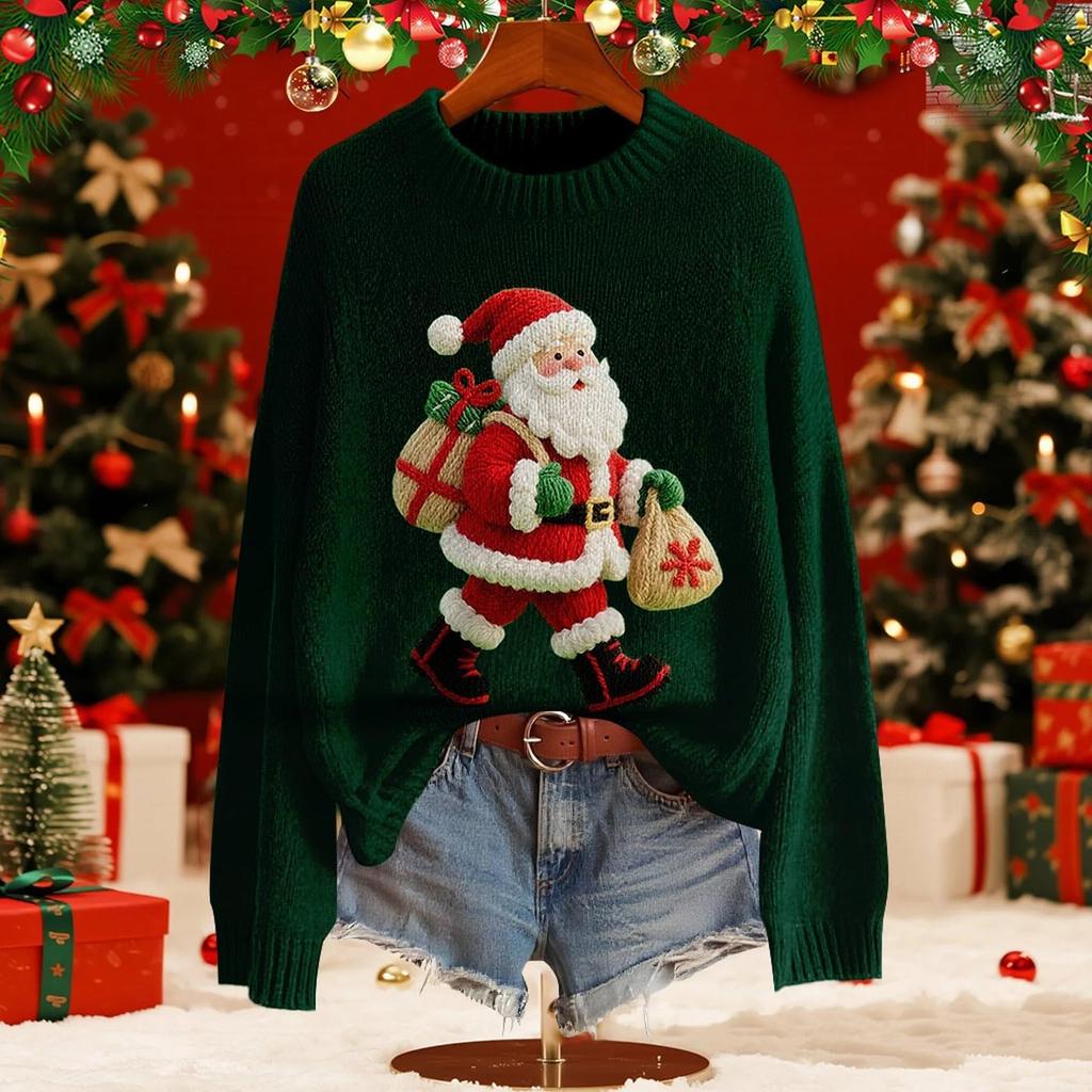 Women's Fashion Christmas Print Pullover Long-Sleeve  Neck Knit Sweater Top