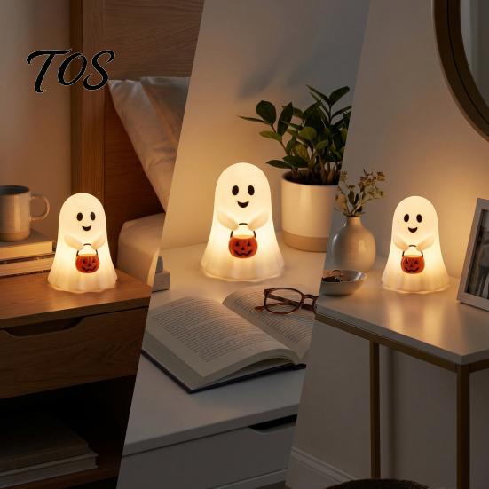 Indoor Outdoor Halloween Accents Cute Ghost Holding Pumpkin Bucket Table Lamp, Spooky Bedside Decorative Figurine for Party Small LED Night