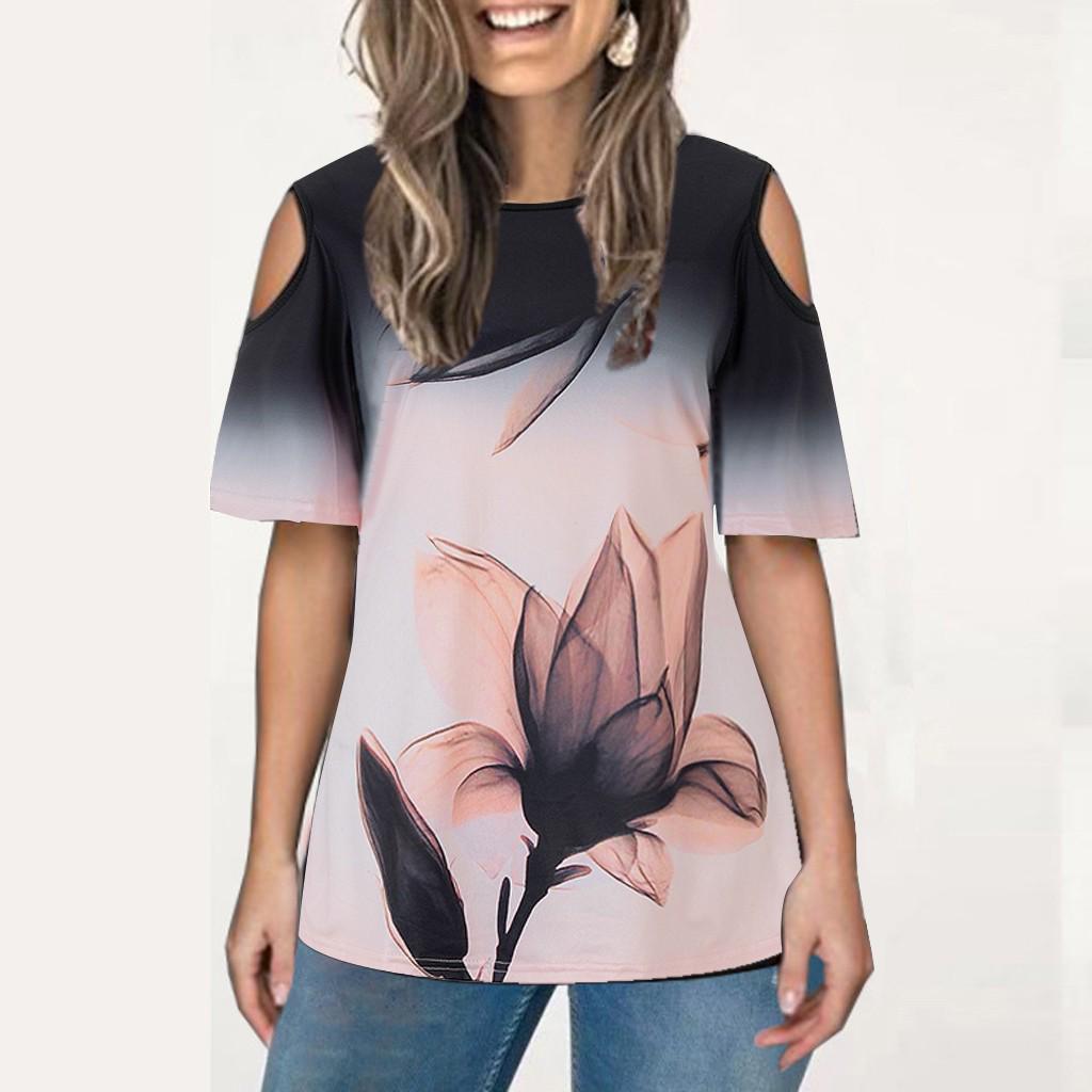 

(SU)Fashion Womens Short Sleeves Printing EasyIrregular Hem Tops Blouses