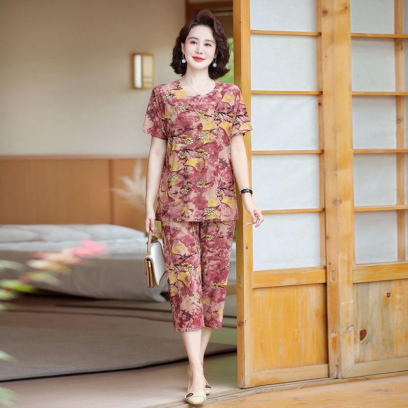 Women's Plus Size Ice Silk Pajama Set: Casual Short Sleeve Two-Piece for Middle-aged and Elderly Moms