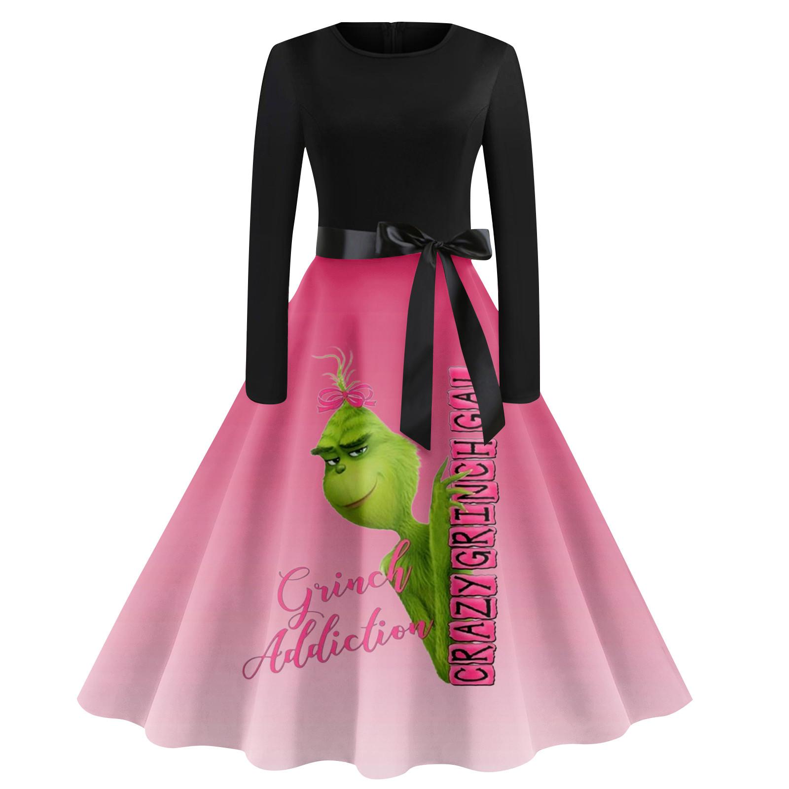 

Женское винтажное классическое платье с воротником на талии и галстуком-бабочкой с длинными рукавами и рождественским принтом, с круглым вырезом, свободное платье L зелёный