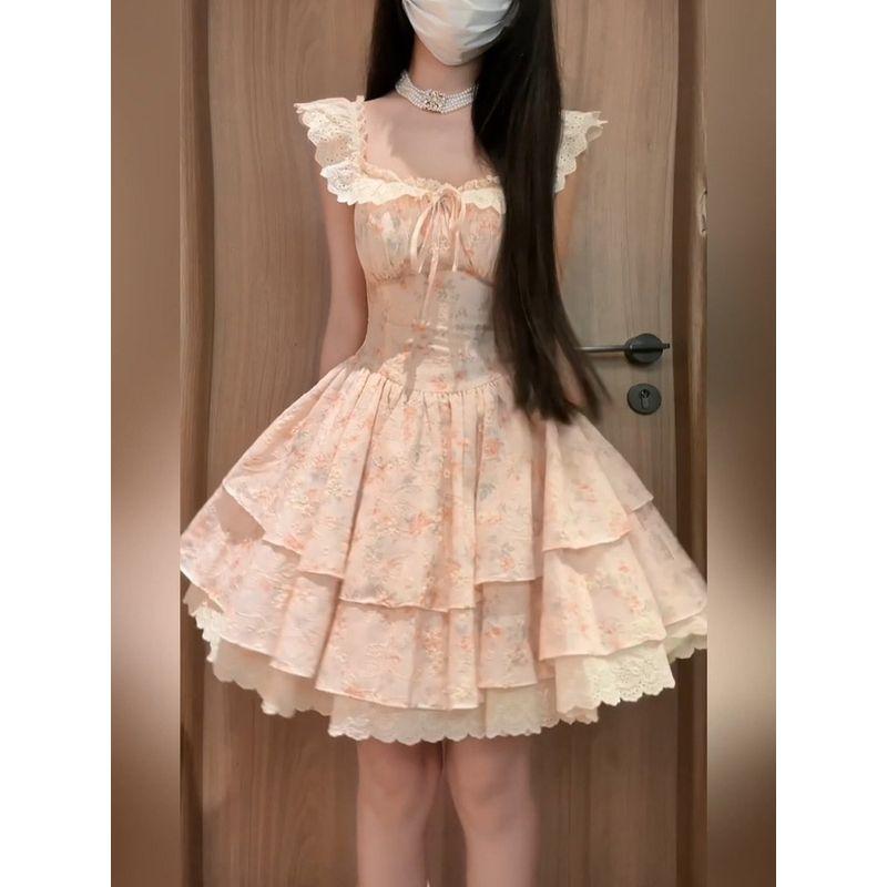 Syj/Shuyijia Plus Size Ladies French Sweet Floral Flying Sleeve Dress Golden Waist-Tight Princess Pettiskirt Sakura Weaving Flower Feather L