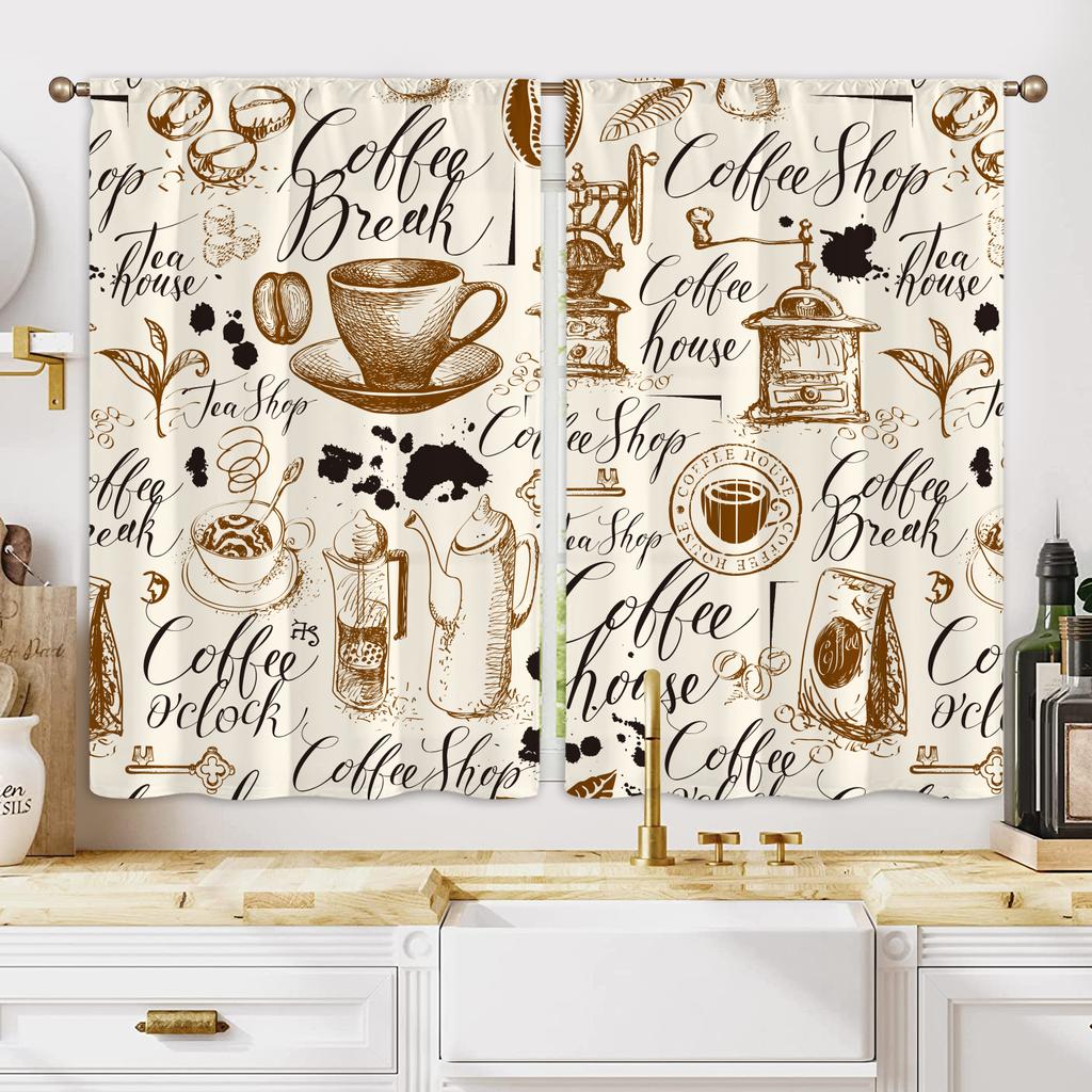 2 atemberaubende Vorhänge mit Aquarell-Blumen, Kaffee-Elementen und Landschaft, kurze oder lange Vorhänge für Küche, Schlafzimmer, Café, Wohnzimmer, Heimdekoration