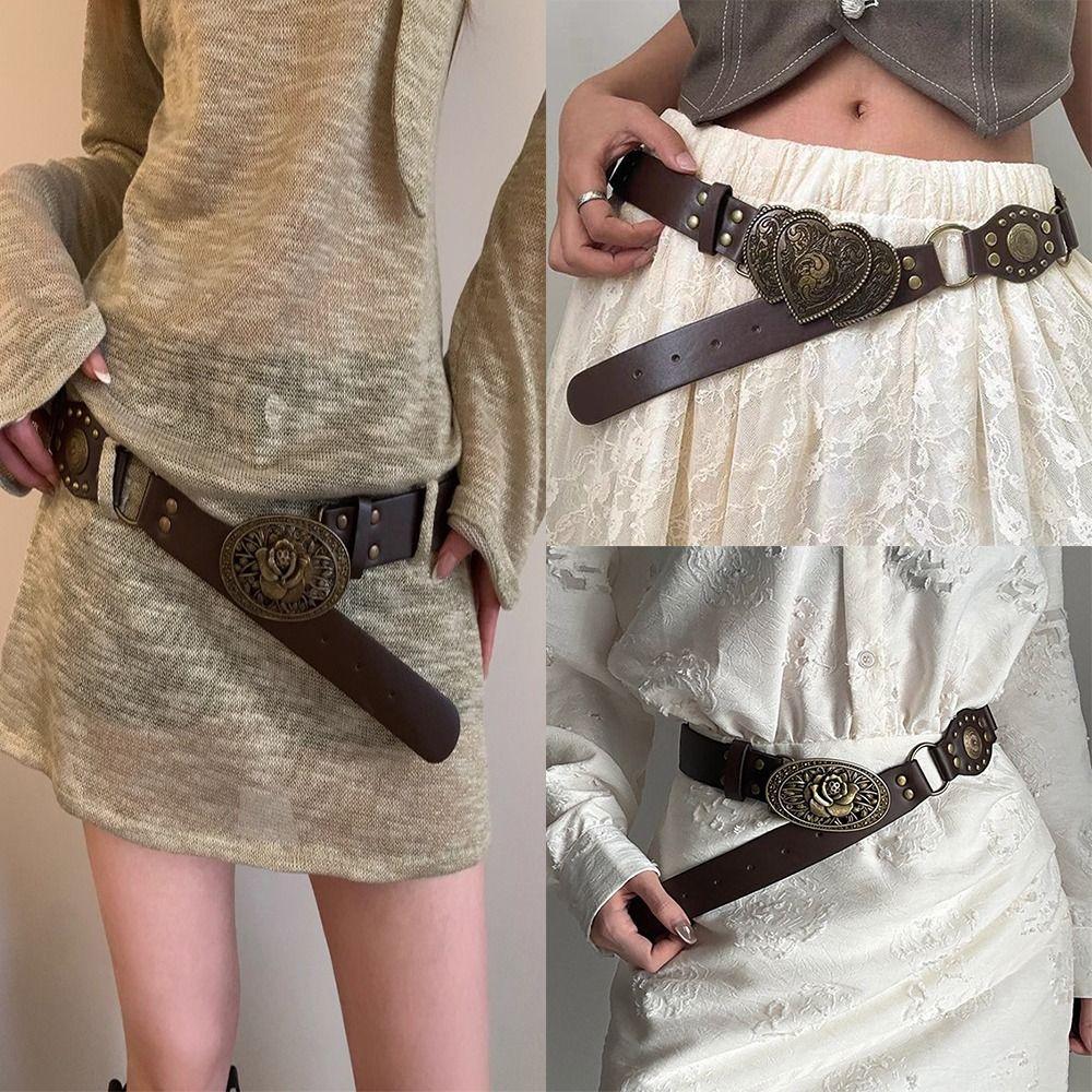 Fashion Metal Buckle PU Leather Belt Rivet Adjustable Vintage Waist Belts Hollow Wide Waistband Punk Fashion