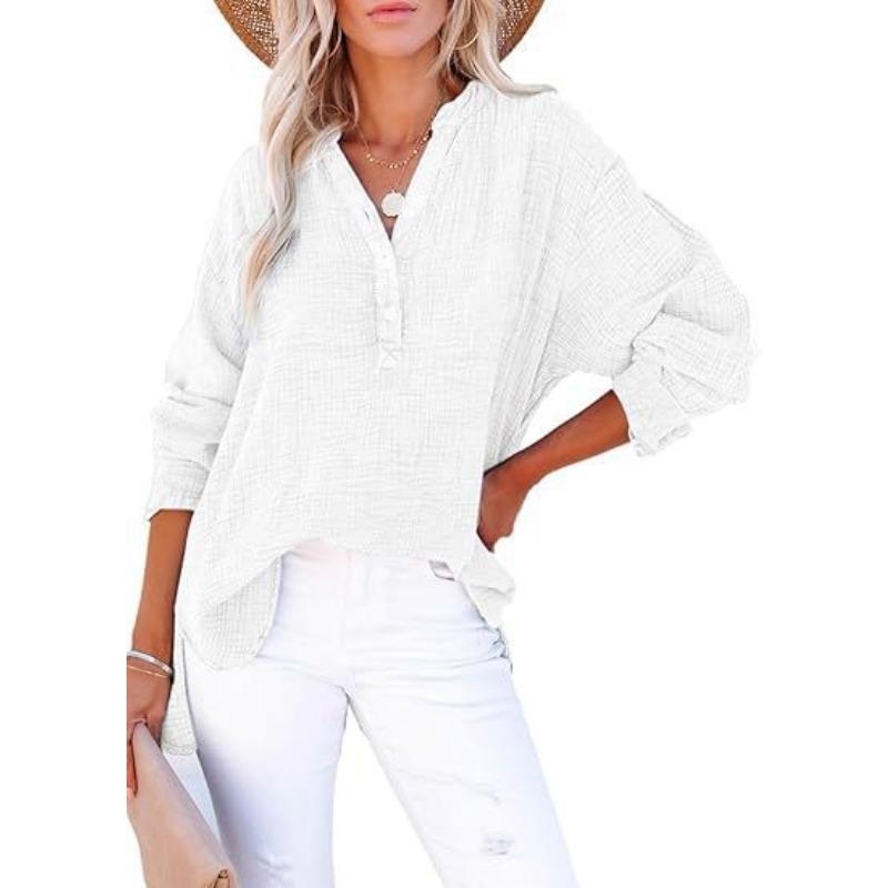 IHUASU Women's Fashion Casual Solid Color Print Long Sleeve V Neck Blouses & Shirts