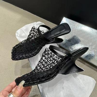 Liyke Sexy Mules à Mesh Découpé Bout Carré Chaussures Femme Escarpins Pantoufles Mode Talons Compensés Étranges Sandale à Glissière Féminine Noir