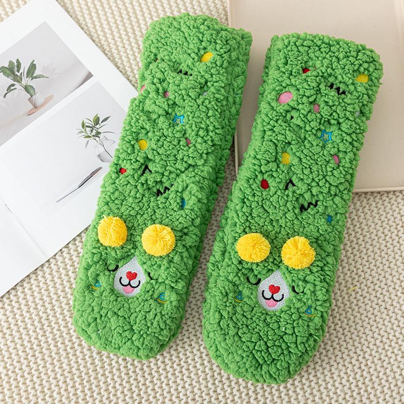 1 Pair Women'S Cute Cartoon Pom Pom Plush Socks, Ultra-Soft Lamb Thick Warm Home Socks, Winter Comfortable Non-Slip Floor Sleeping Socks