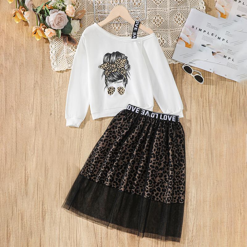 

Новинка для девочек, 2 шт., весенне-осенний свитшот с открытыми плечами и длинными рукавами, топы + костюм с сетчатой ​​юбкой с леопардовым принтом 8-9Y белый