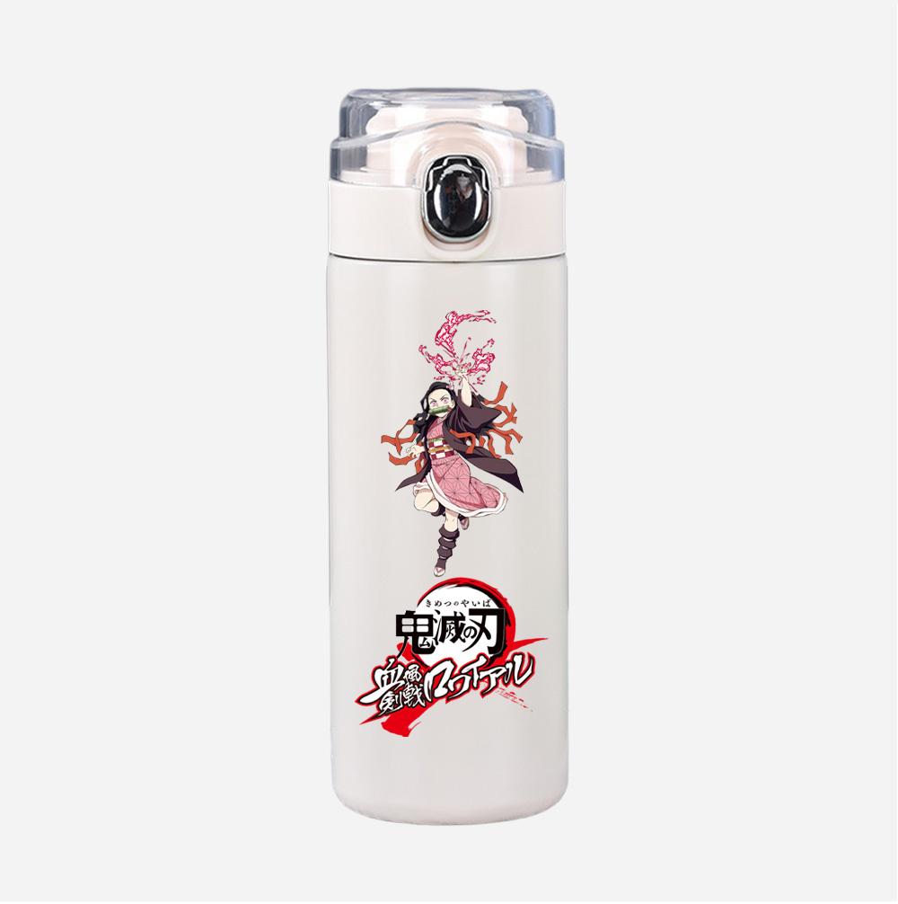 Cartoon Dämonentöter Aufdruck Weiß Thermosbecher Tragbar Edelstahl 400ml Wasserflasche Auslaufsicher Camping Trinkbecher Geschenk