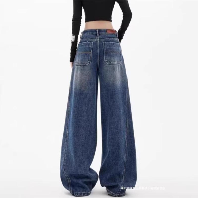 Women Plus Size High Waist Retro Curved Wide Leg Loose Straight Denim Pants