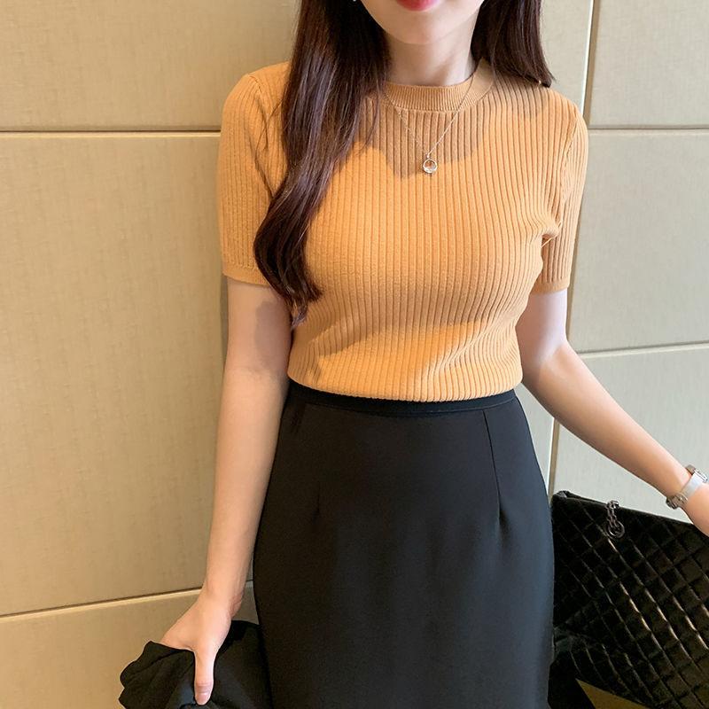 Summer Slim Knitted Sweater Short-sleeved Top Women's Pullover Inner Sweater Short Round Neck Bottoming Shirt