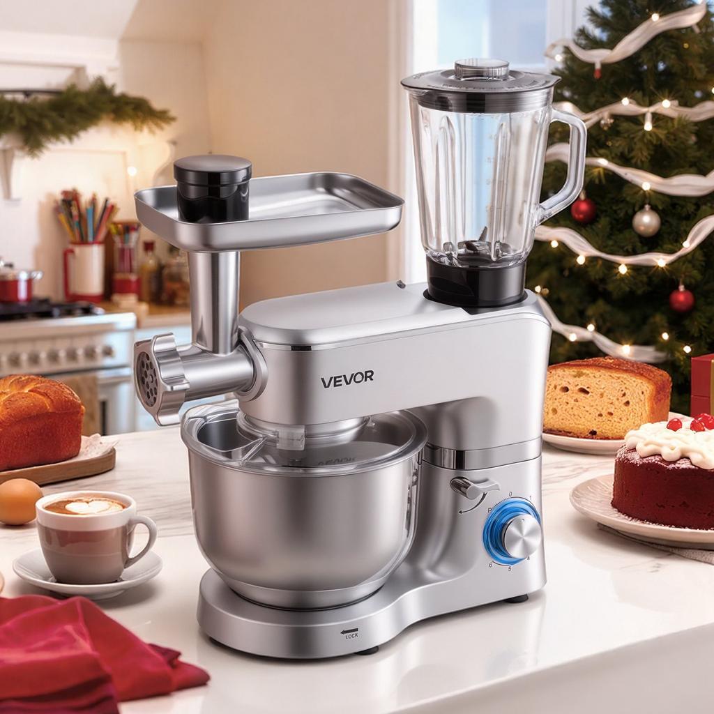 VEVOR Stand Mixer, 6 L Electric Kitchen Mixer, 1500W Dough-Mixer, 6+P Speeds Tilt-head Food-Mixer with 1.5 L Blender Cup, Stainless Steel Bowl