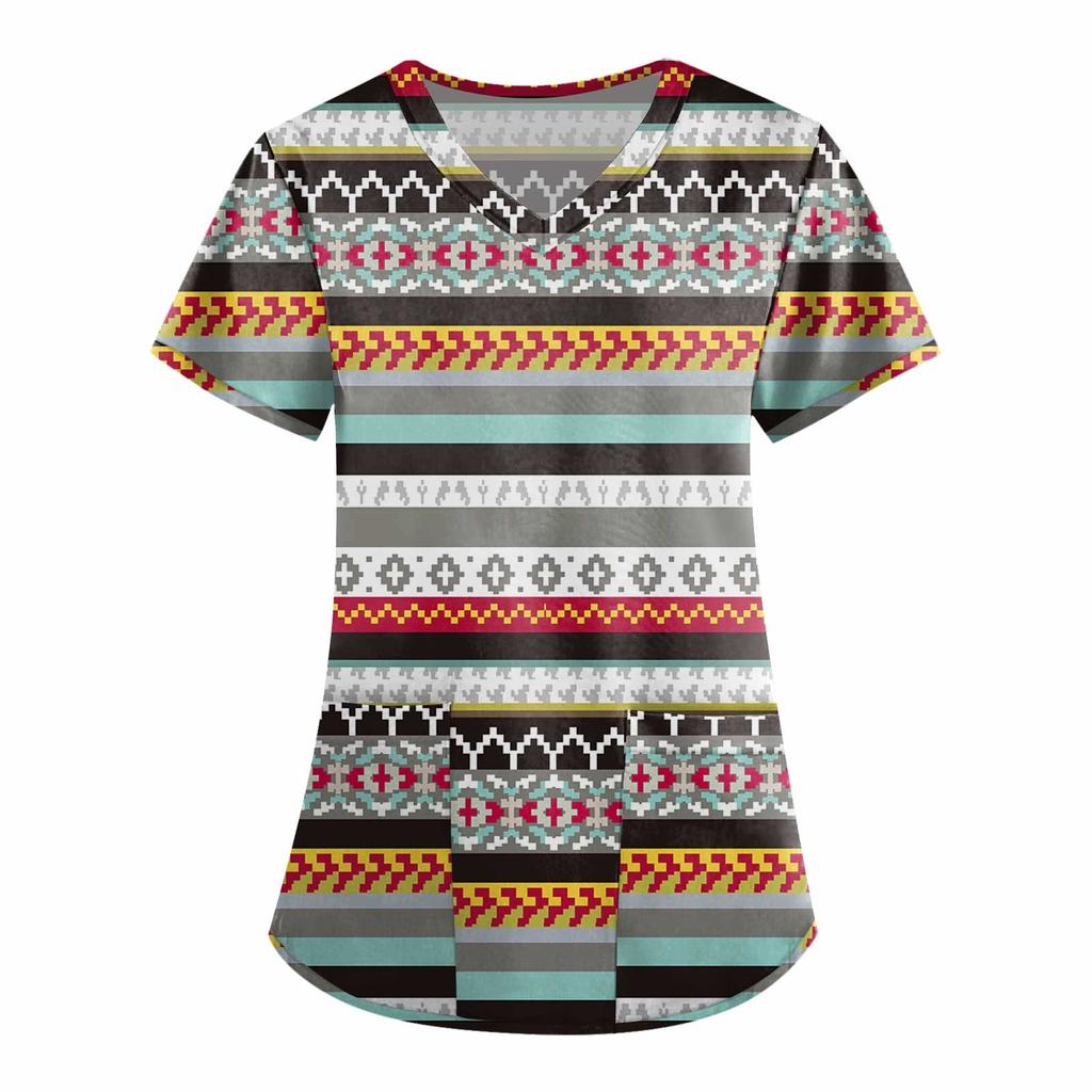 Damesmode werkkleding met V-hals, korte mouwen en bedrukte zakken