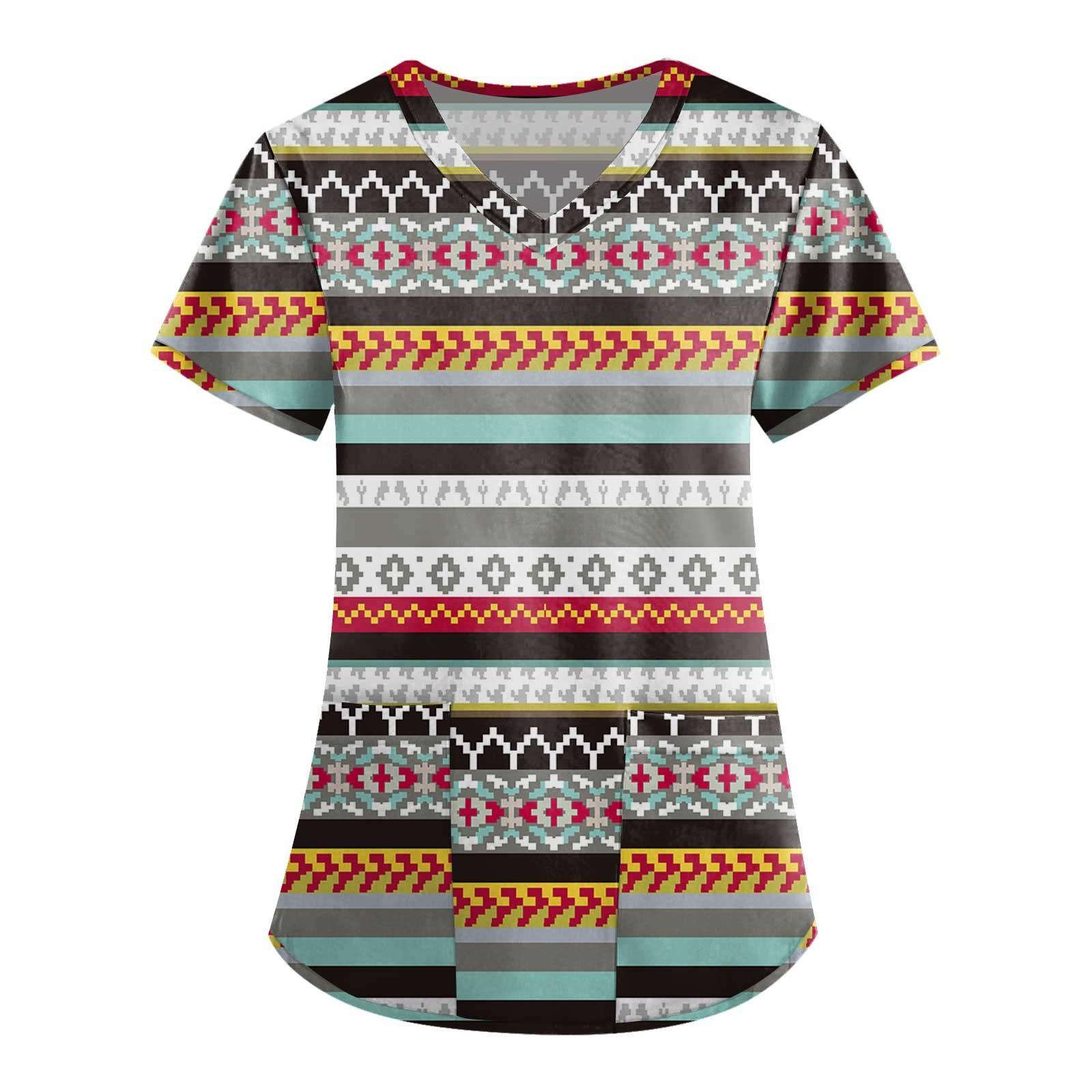 

Women s Fashion V-neck Short Sleeve Workwear With Pockets Printed Tops XXXL