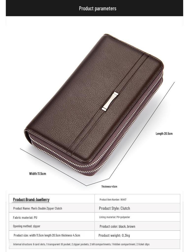 Men's High-Capacity Luxury Wallet and Phone Bag with Double Zipper and Multiple Card Slots