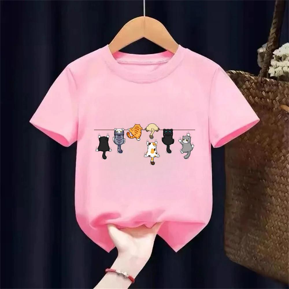 Kletternde Katze Muster Trendiges Design Druck T-Shirts Kurzarm Kinder Kinder T-Shirt Jungen Mädchen Sommer Frühling Lässiges Oberteil Tee
