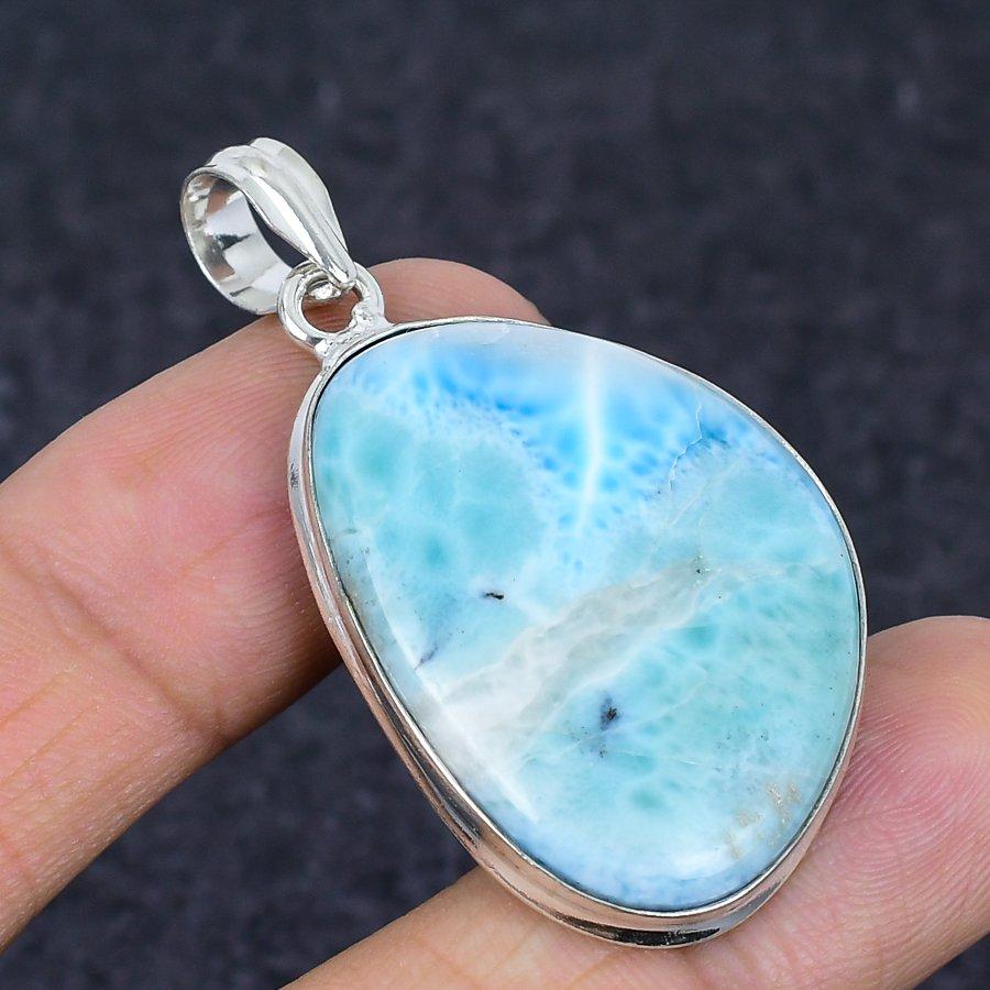 Larimar Gemstone Handmade 925 Sterling Silver Jewelry Pendant 2.01" Q2G09
