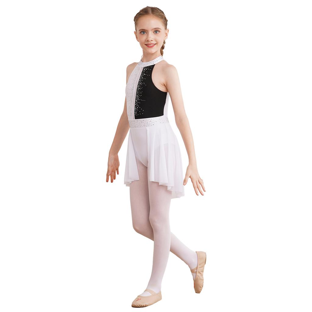 Kids Girls Sleeveless Shiny Rhinestone Decor Backless Leotard Dress for Lyrical Contemporary Dance