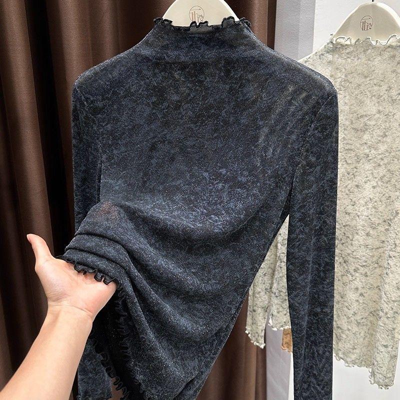 Women's Ruffled Mock Neck Long Sleeve Blouse Soft Stretch Velvet Casual Slim Fit Top