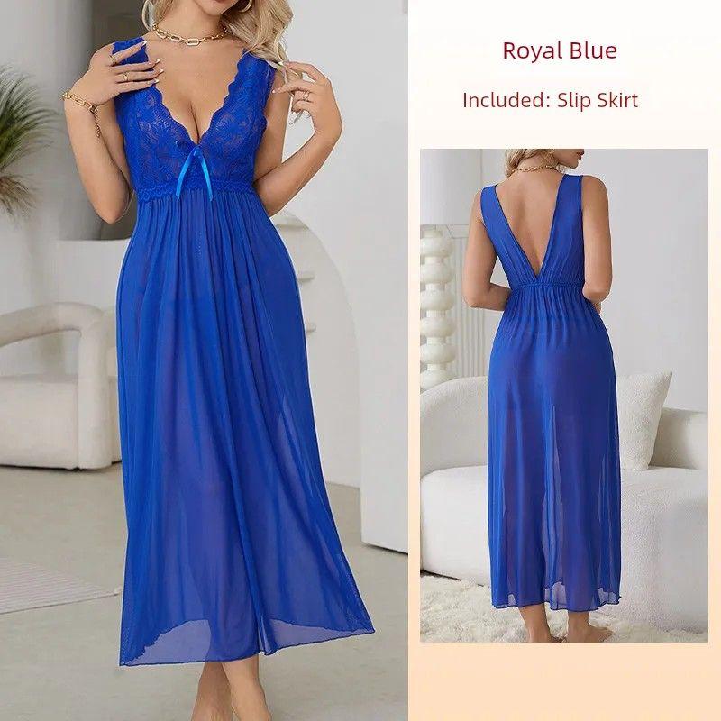 

2025 New Sexy Mesh Nightdress/Open Back Lace V-neck Transparent Tempting Dress/Pure Desire Home Skirt Royal Blue M