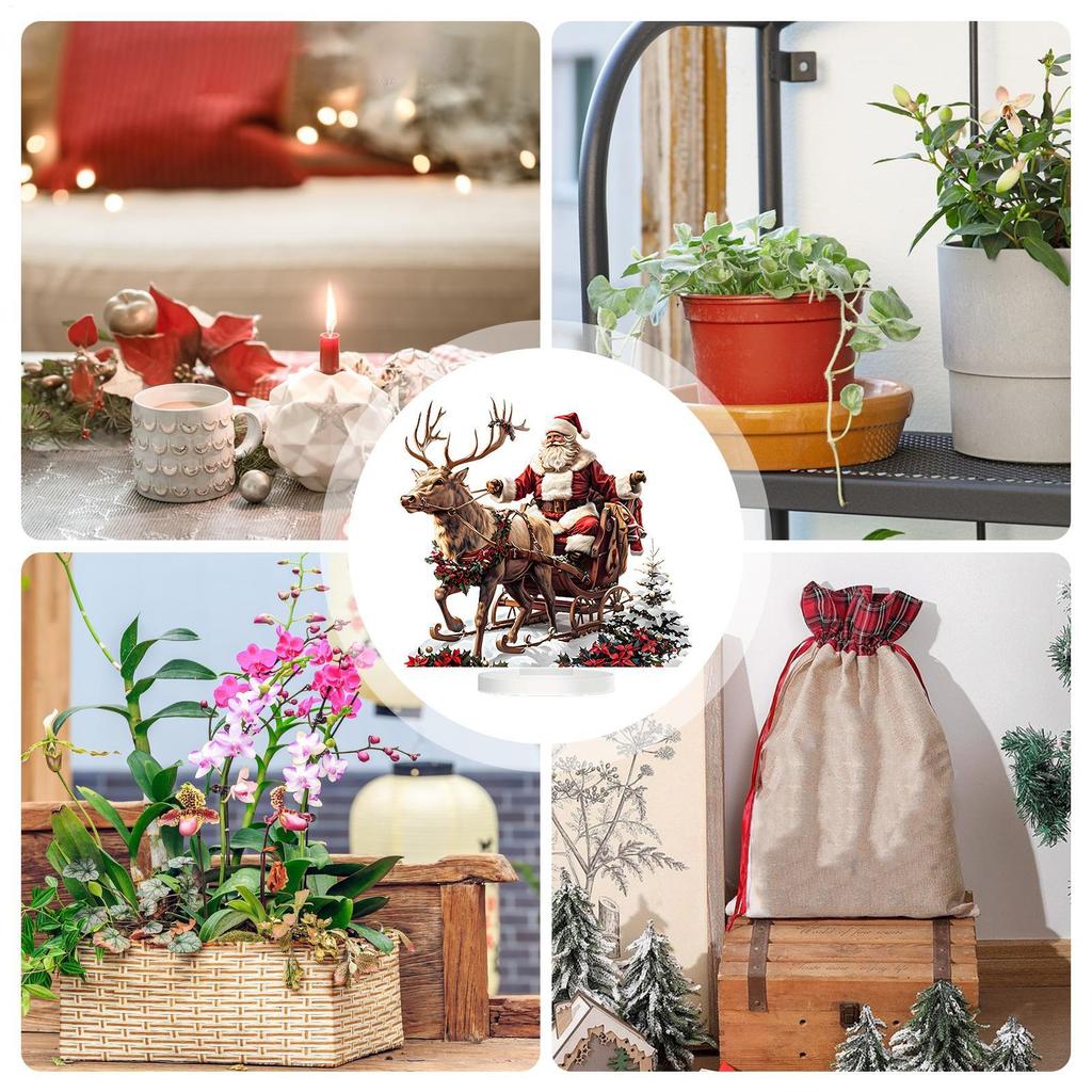 Christmas Reindeer Sleigh Santa Figurine 2d Acrylic Christmas Santa Claus on Sleigh with Reindeers Decorations Holiday Santa