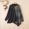ZANZEA Women Stand Collar Long Sleeve Plaid Print Patchwork Irregular Pullover Tops