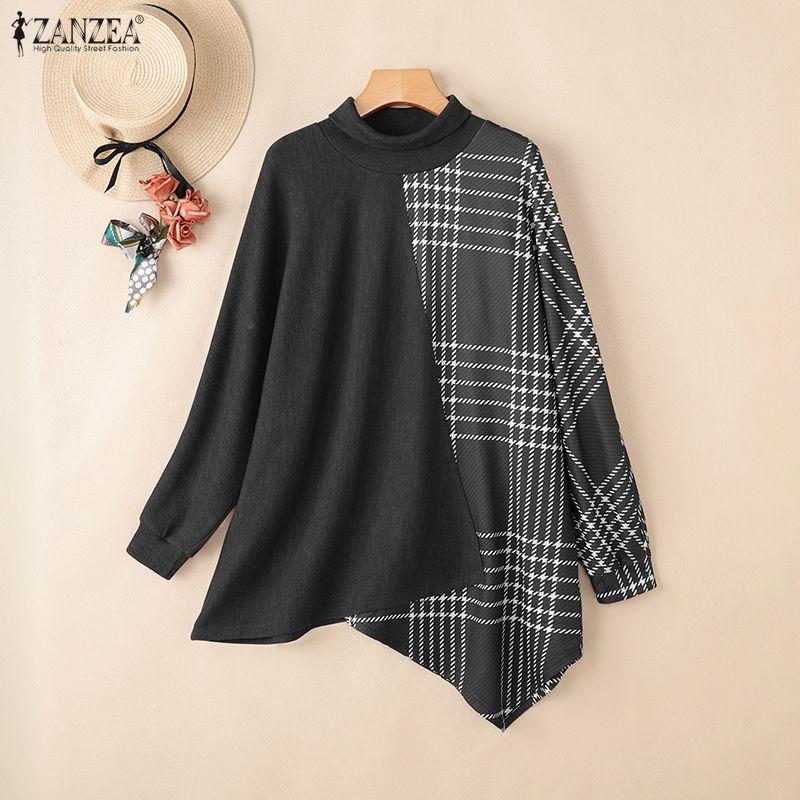 ZANZEA Women Stand Collar Long Sleeve Plaid Print Patchwork Irregular Pullover Tops